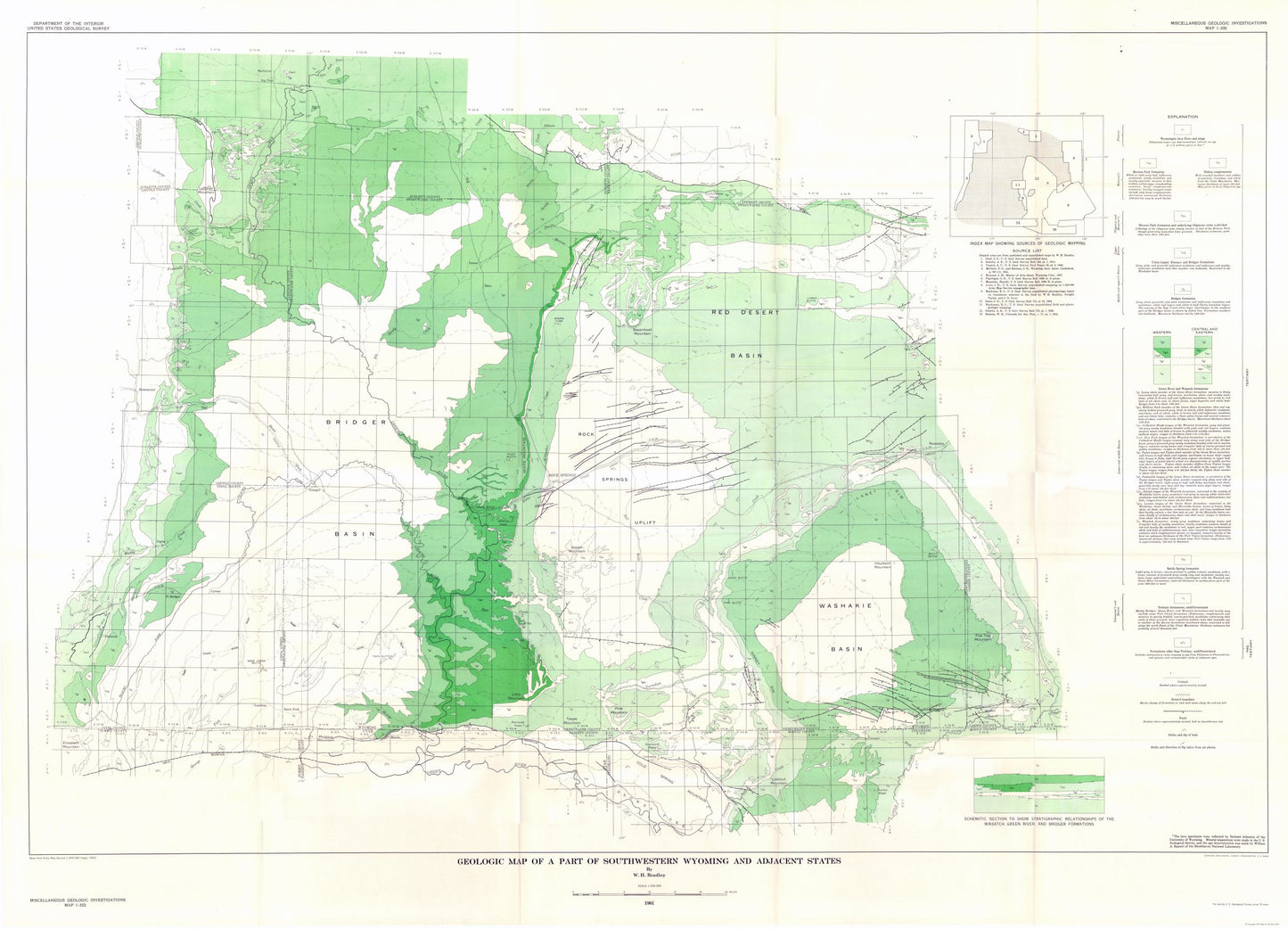 Historic Mine Map - Southwestern Wyoming Adjacent States - Bradley 1961 - 23 x 31.91 - Vintage Wall Art