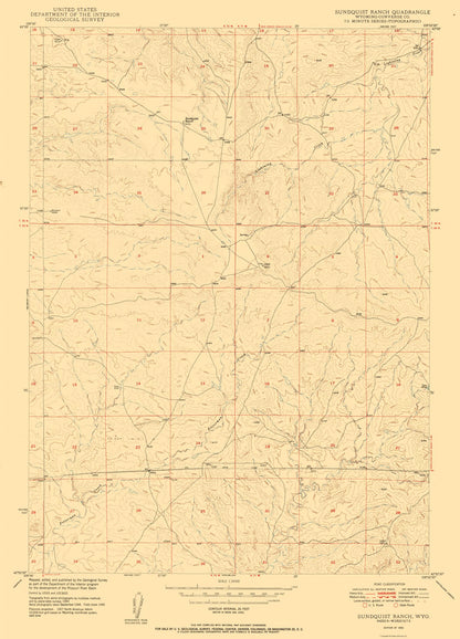 Topographical Map - Sundquist Ranch Wyoming Quad - USGS 1950 - 23 x 31.96 - Vintage Wall Art