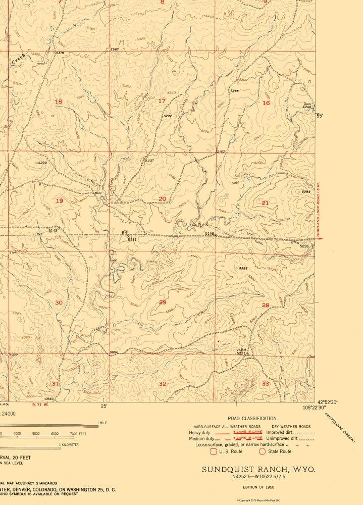 Topographical Map - Sundquist Ranch Wyoming Quad - USGS 1950 - 23 x 31.96 - Vintage Wall Art