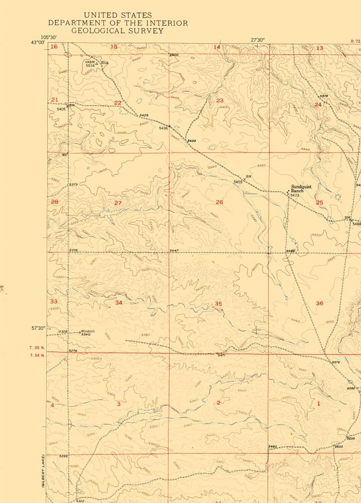 Topographical Map - Sundquist Ranch Wyoming Quad - USGS 1950 - 23 x 31.96 - Vintage Wall Art