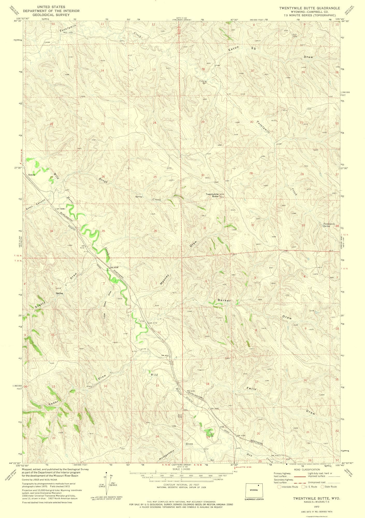 Topographical Map - Twentymile Butte Wyoming Quad - USGS 1972 - 23 x 32.63 - Vintage Wall Art