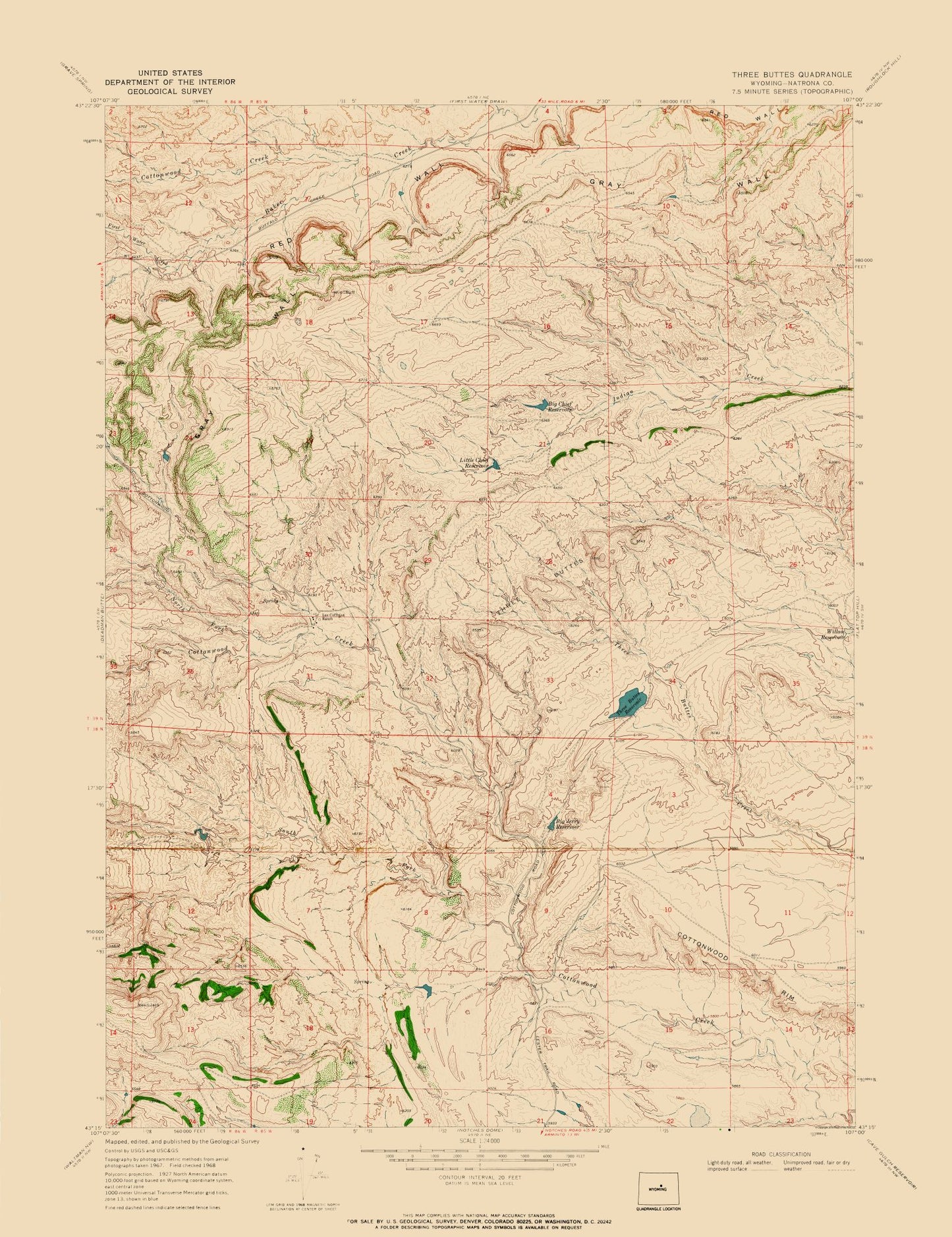 Topographical Map - Three Buttes Wyoming Quad - USGS 1968 - 23 x 29.87 - Vintage Wall Art