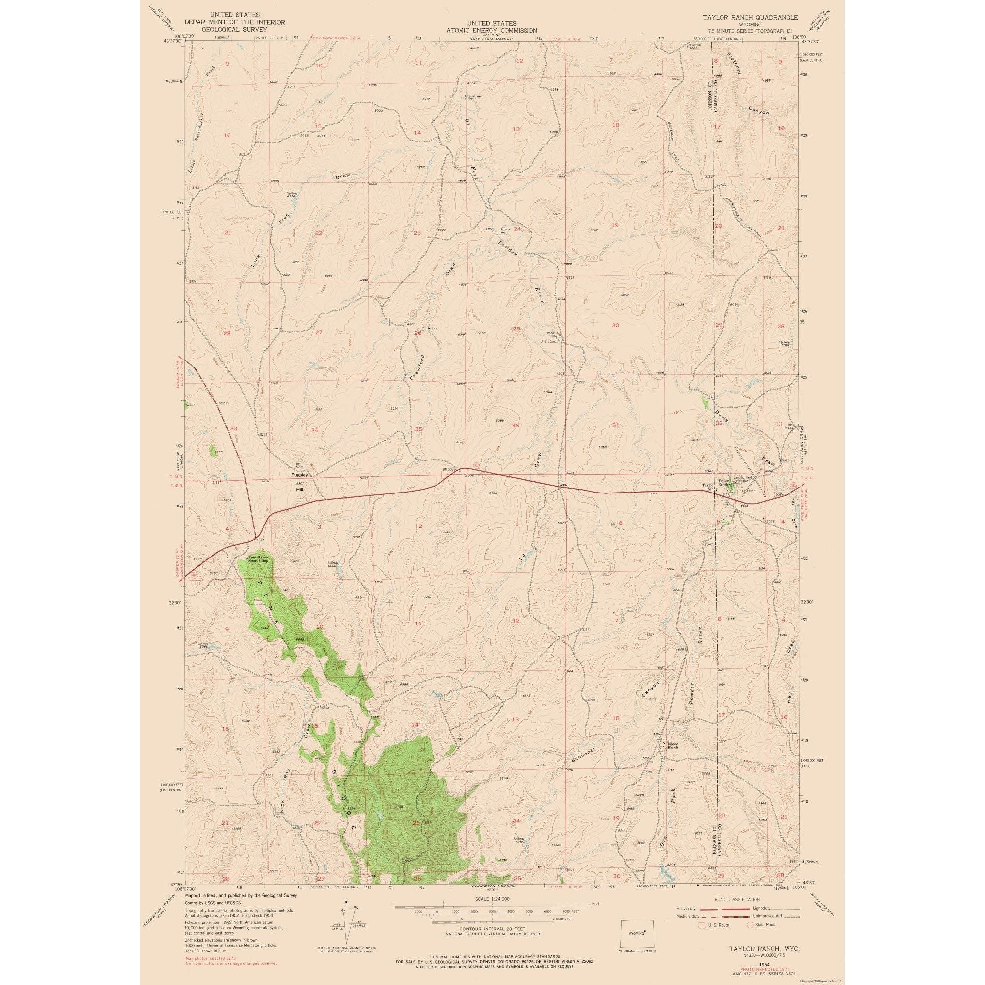 Topographical Map - Taylor Ranch Wyoming Quad - USGS 1954 - Vintage Wa ...