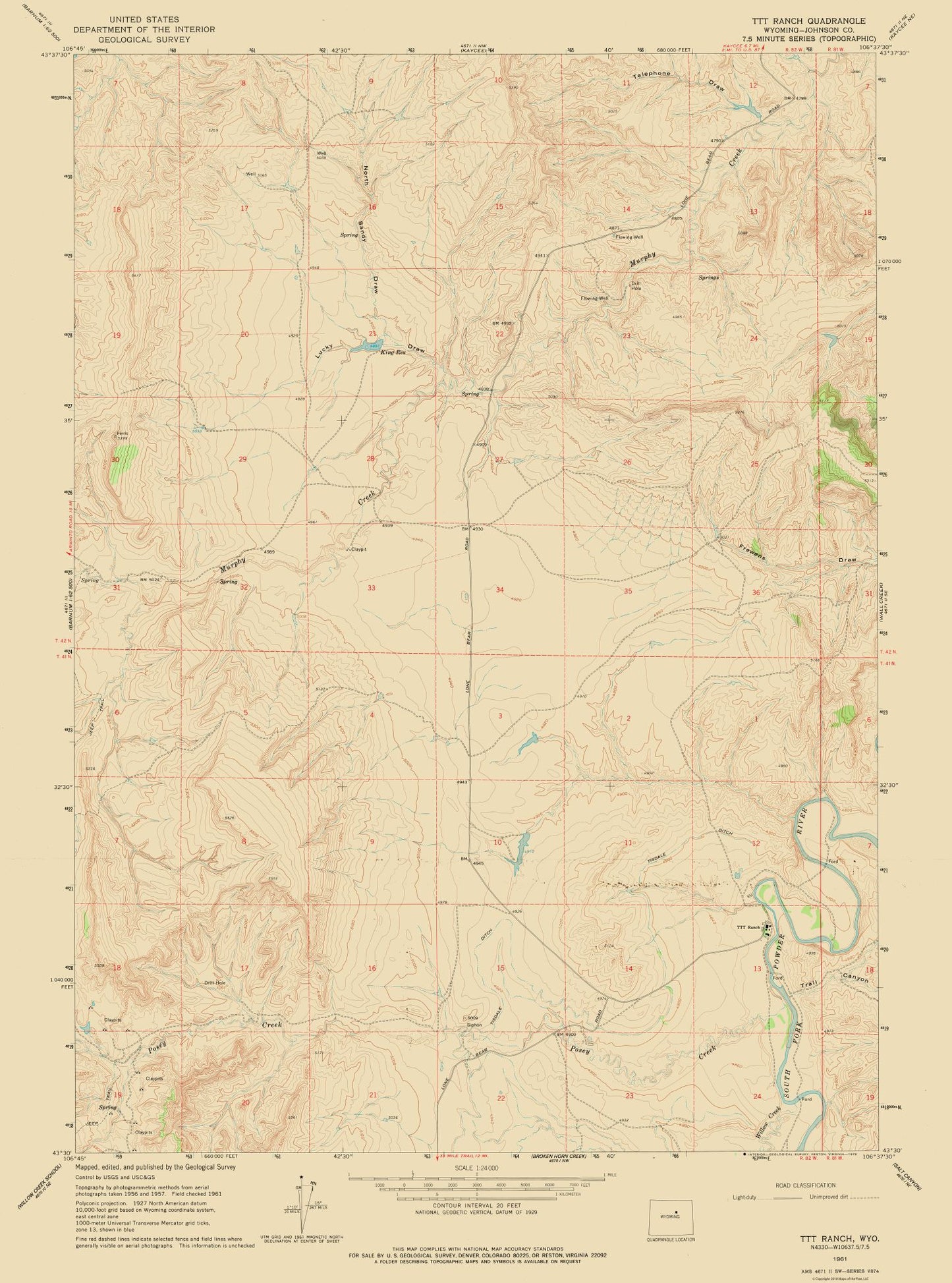 Topographical Map - TTT Ranch Wyoming Quad - USGS 1961 - 23 x 31.00 - Vintage Wall Art