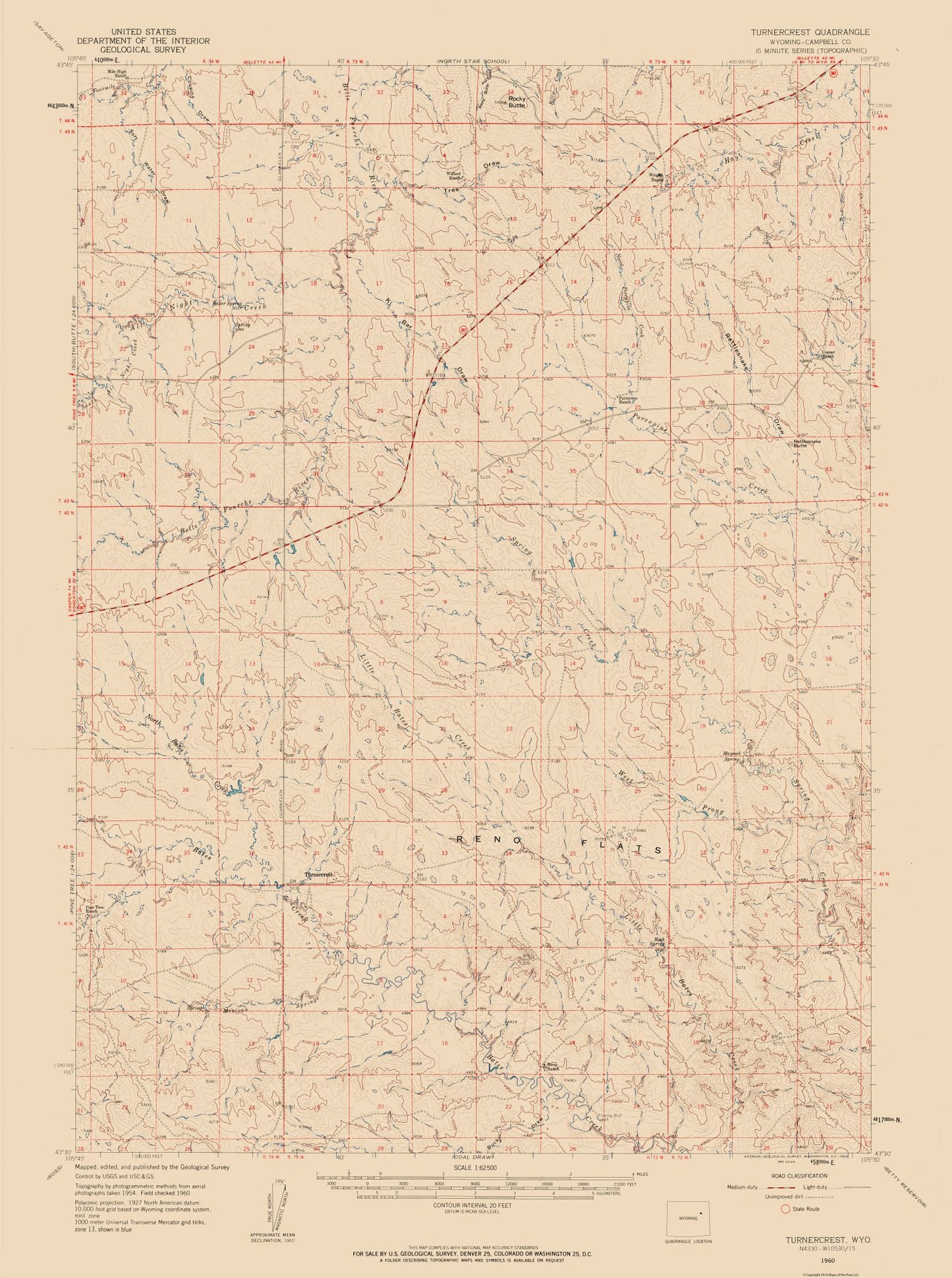 Topographical Map - Turnercrest Wyoming Quad - USGS 1960 - 23 x 30.88 - Vintage Wall Art