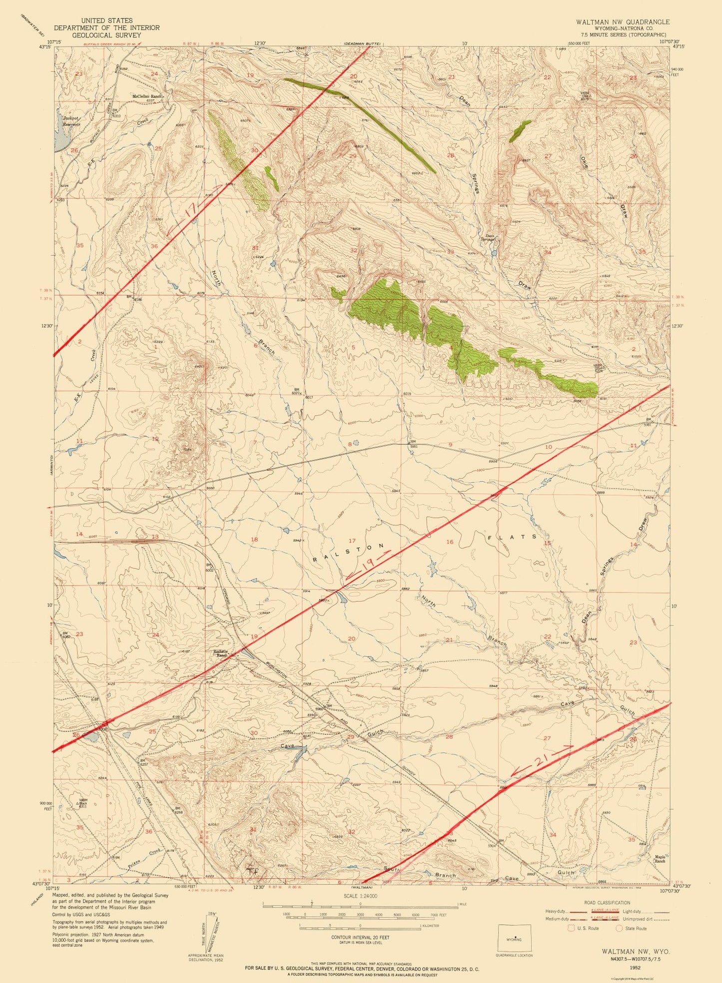 Topographical Map - Waltman Wyoming Quad - USGS 1952 - 23 x 31.34 - Vintage Wall Art