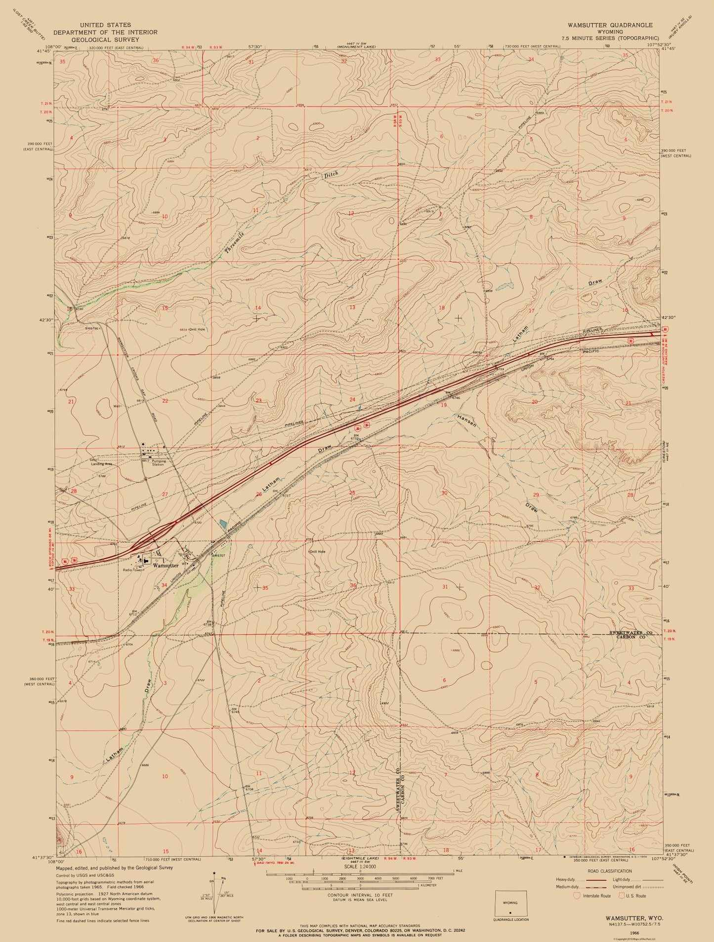 Topographical Map - Wamsutter Wyoming Quad - USGS 1966 - 23 x 30.31 - Vintage Wall Art