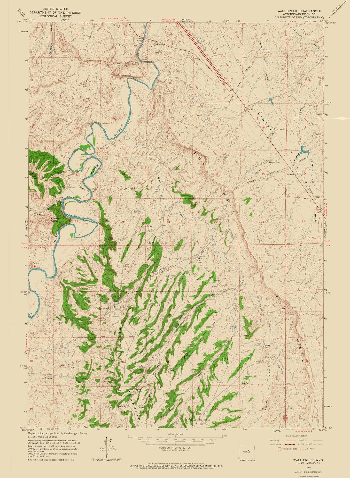 Topographical Map - Wall Creek Wyoming Quad - USGS 1961 - 23 x 31.33 - Vintage Wall Art