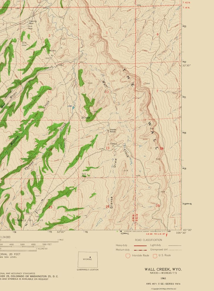 Topographical Map - Wall Creek Wyoming Quad - USGS 1961 - 23 x 31.33 - Vintage Wall Art