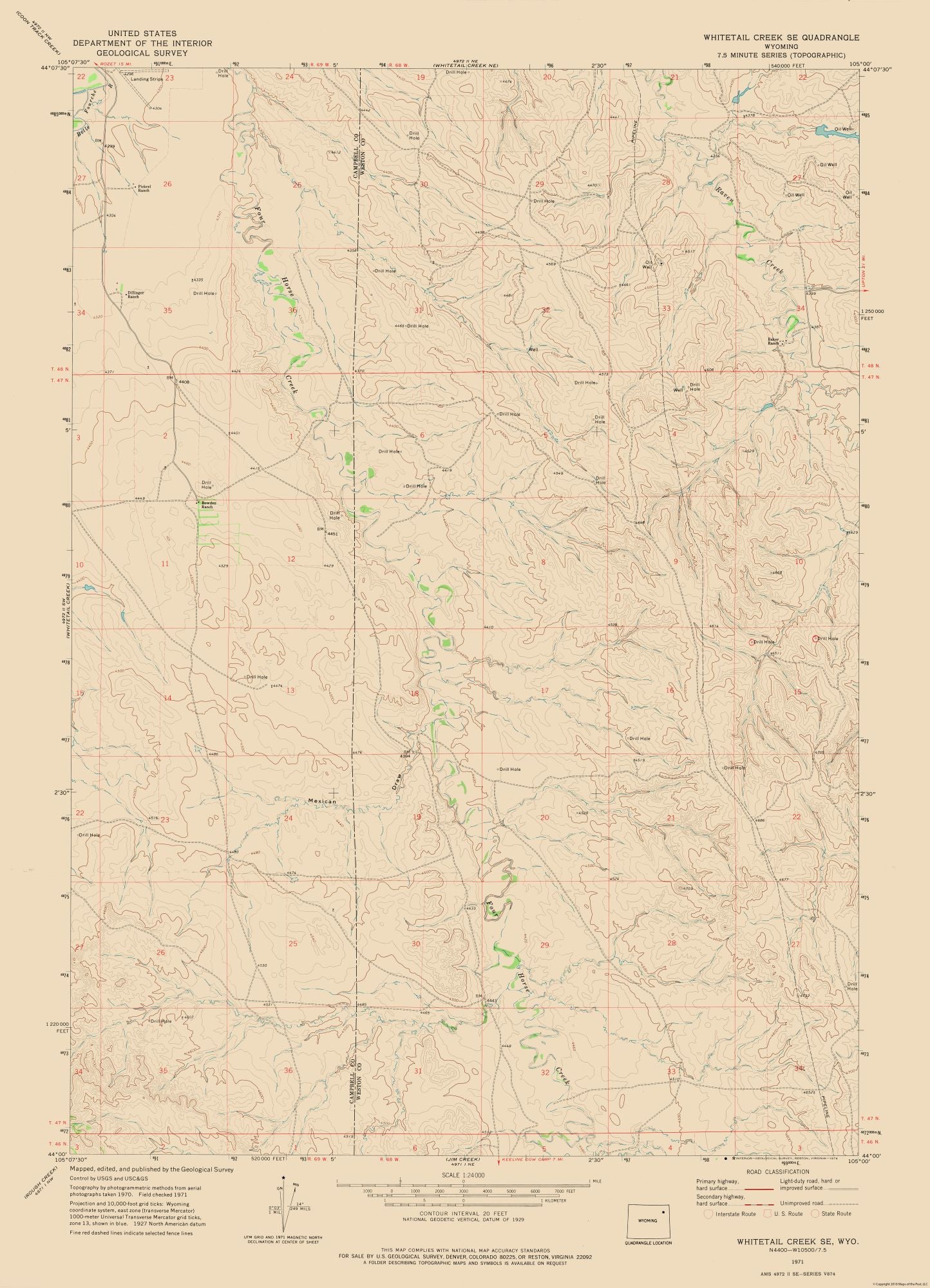 Topographical Map - Whitetail Creek South East Wyoming Quad - USGS 1971 - 23 x 31.85 - Vintage Wall Art