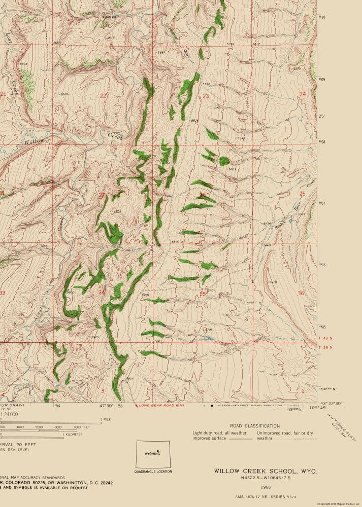 Topographical Map - Willow Creek School Wyoming Quad - USGS 1968 - 23 x 32.24 - Vintage Wall Art