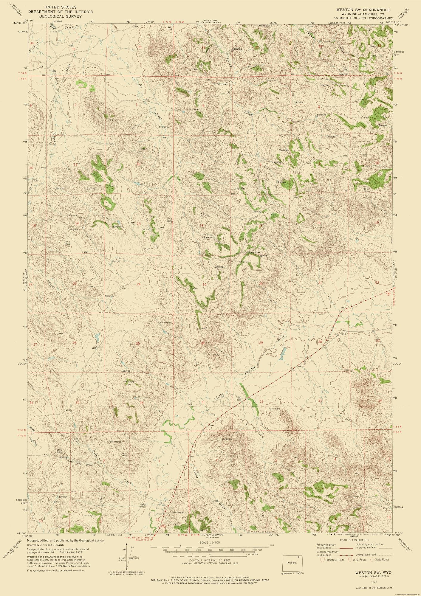 Topographical Map - South West Weston Wyoming Quad - USGS 1972 - 23 x 32.59 - Vintage Wall Art