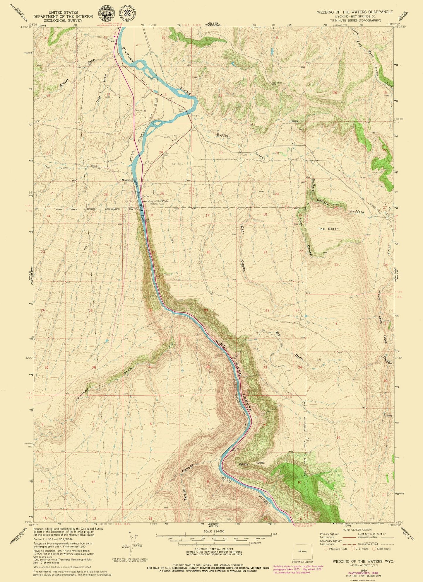 Topographical Map - Wedding of The Waters Wyoming Quad - USGS 1960 - 23 x 31.61 - Vintage Wall Art