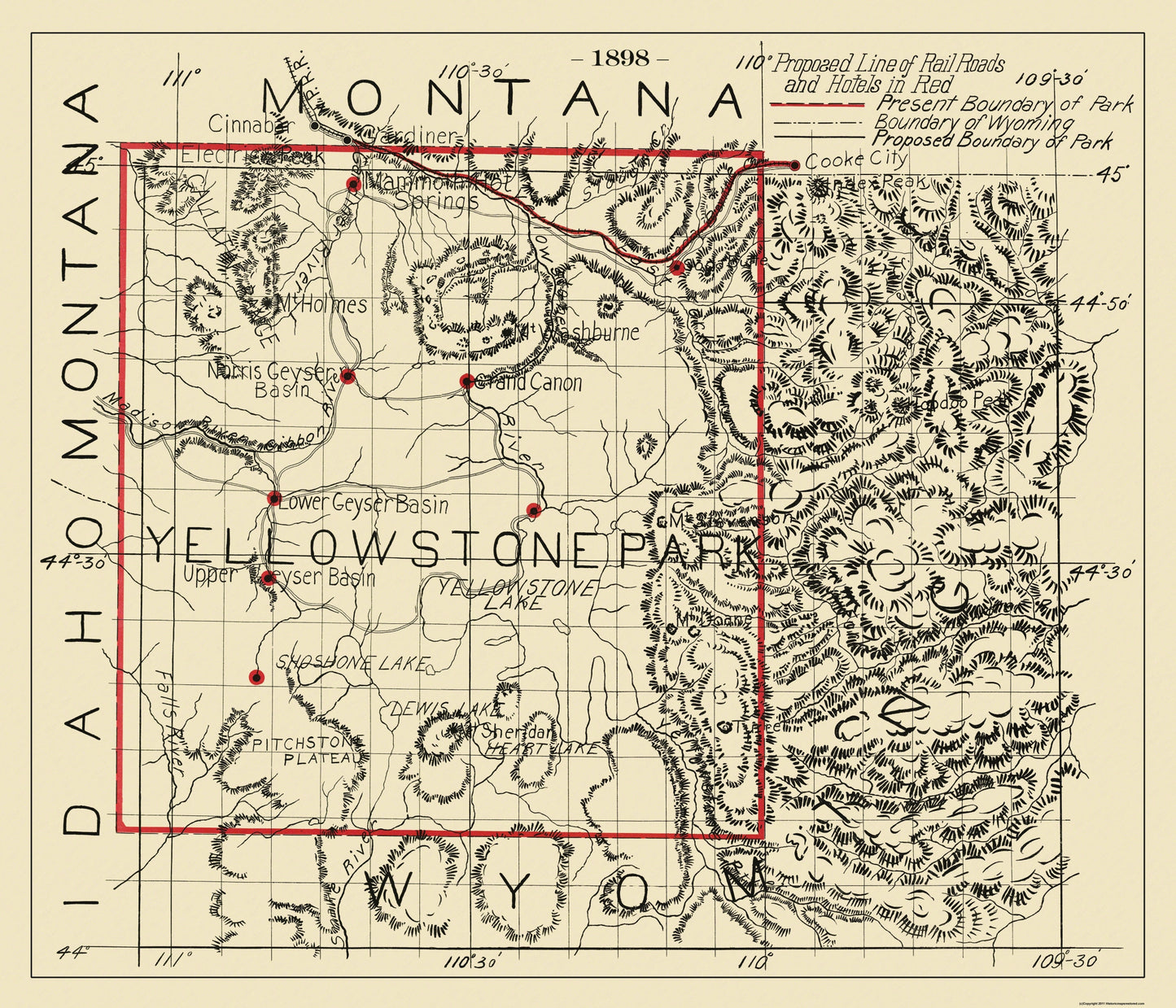 Railroad Map - Yellowstone Proposed Hotel Railroads - 1898 - 26.81 x 23 - Vintage Wall Art