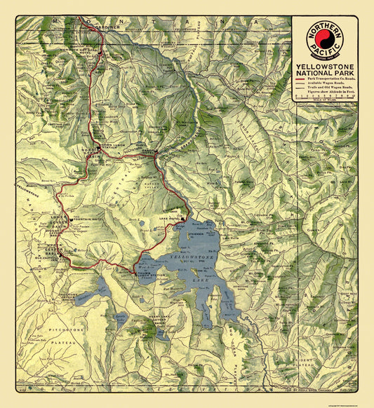 Railroad Map - Yellowstone National Park - Northern Pacific 1910 - 23 x 25 - Vintage Wall Art