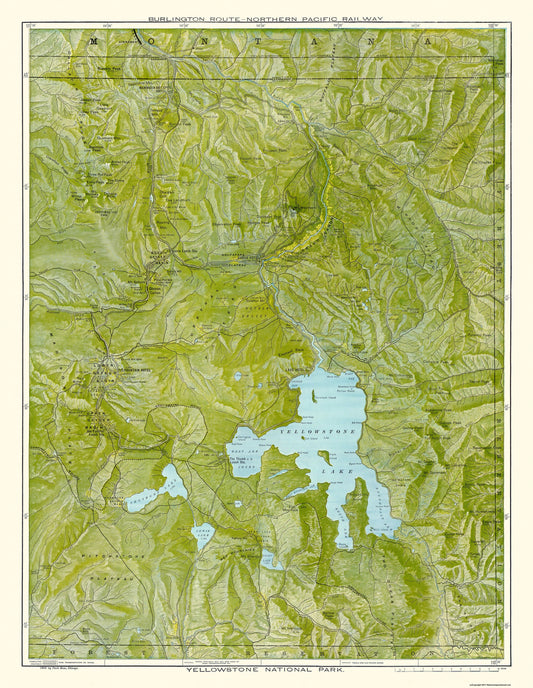 Railroad Map - Yellowstone Park Burlington Route -Poole 1898 - 23 x 29 - Vintage Wall Art