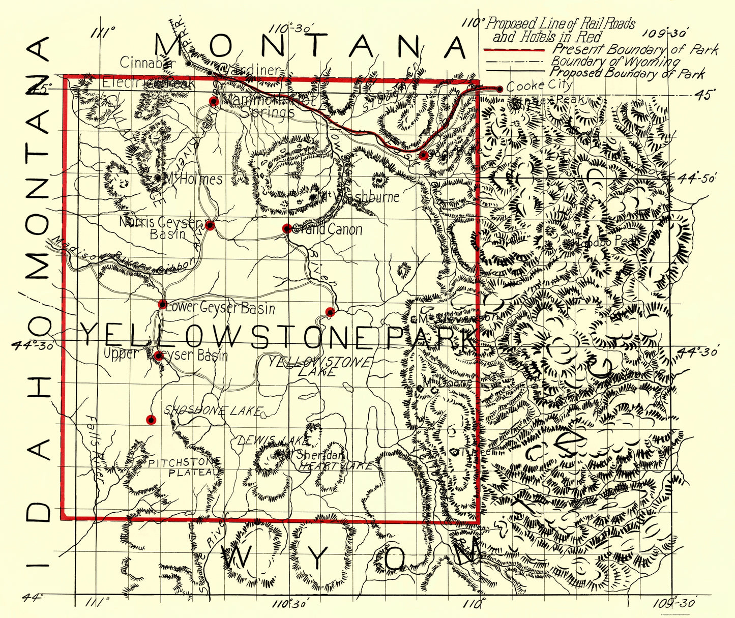 Historic State Map - Yellowstone National Park - 1900 - 23 x 27.36 - Vintage Wall Art