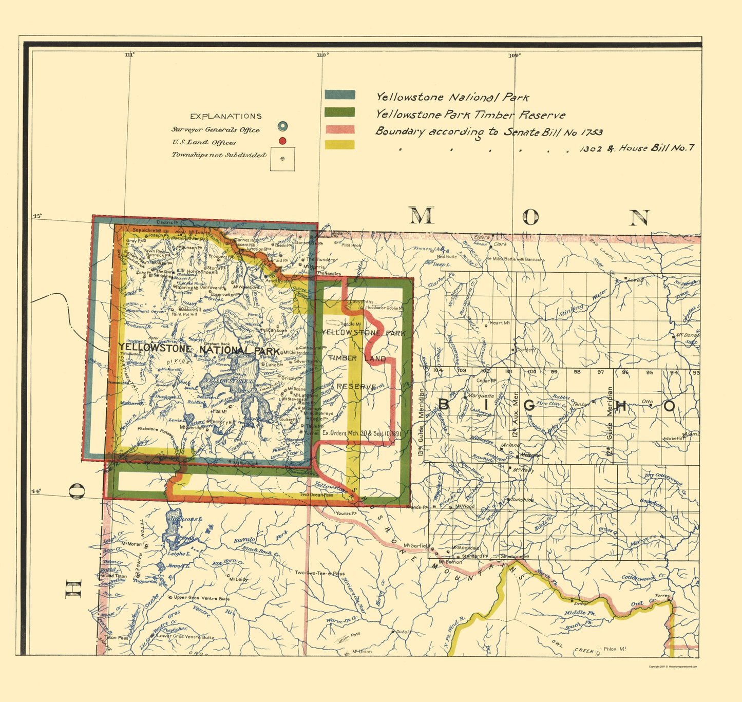 Historic State Map - Yellowstone National Park Boundaries - 1895 - 23 x 24.31 - Vintage Wall Art