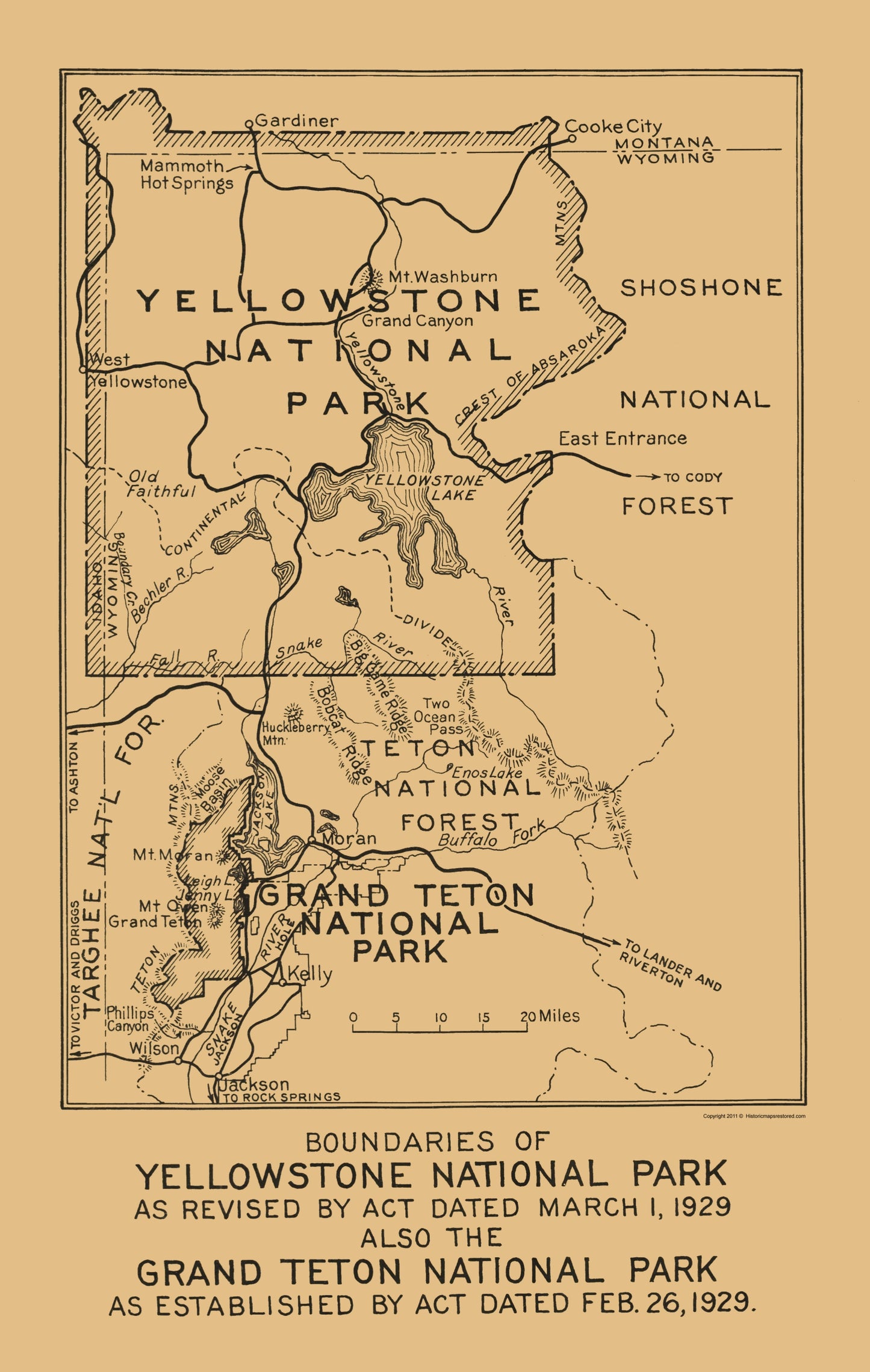 Historic State Map - Yellowstone Grand Teton National Parks Boundary 1929 - 23 x 36 - Vintage Wall Art