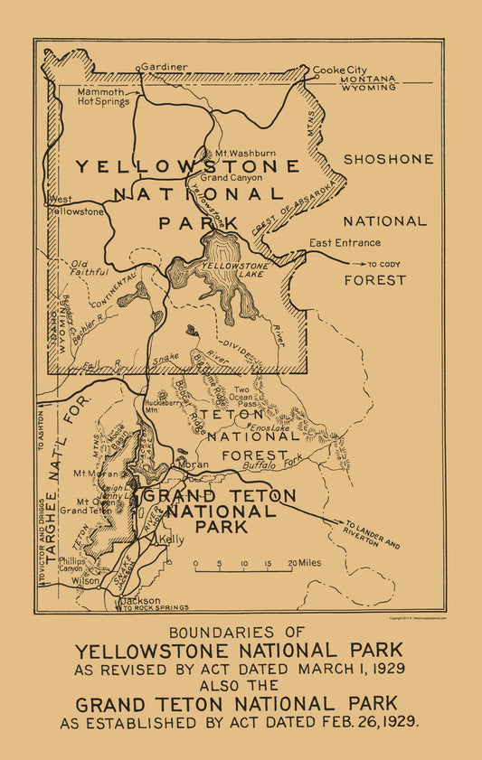 Historic State Map - Yellowstone Grand Teton National Parks Boundary 1929 - 23 x 36 - Vintage Wall Art
