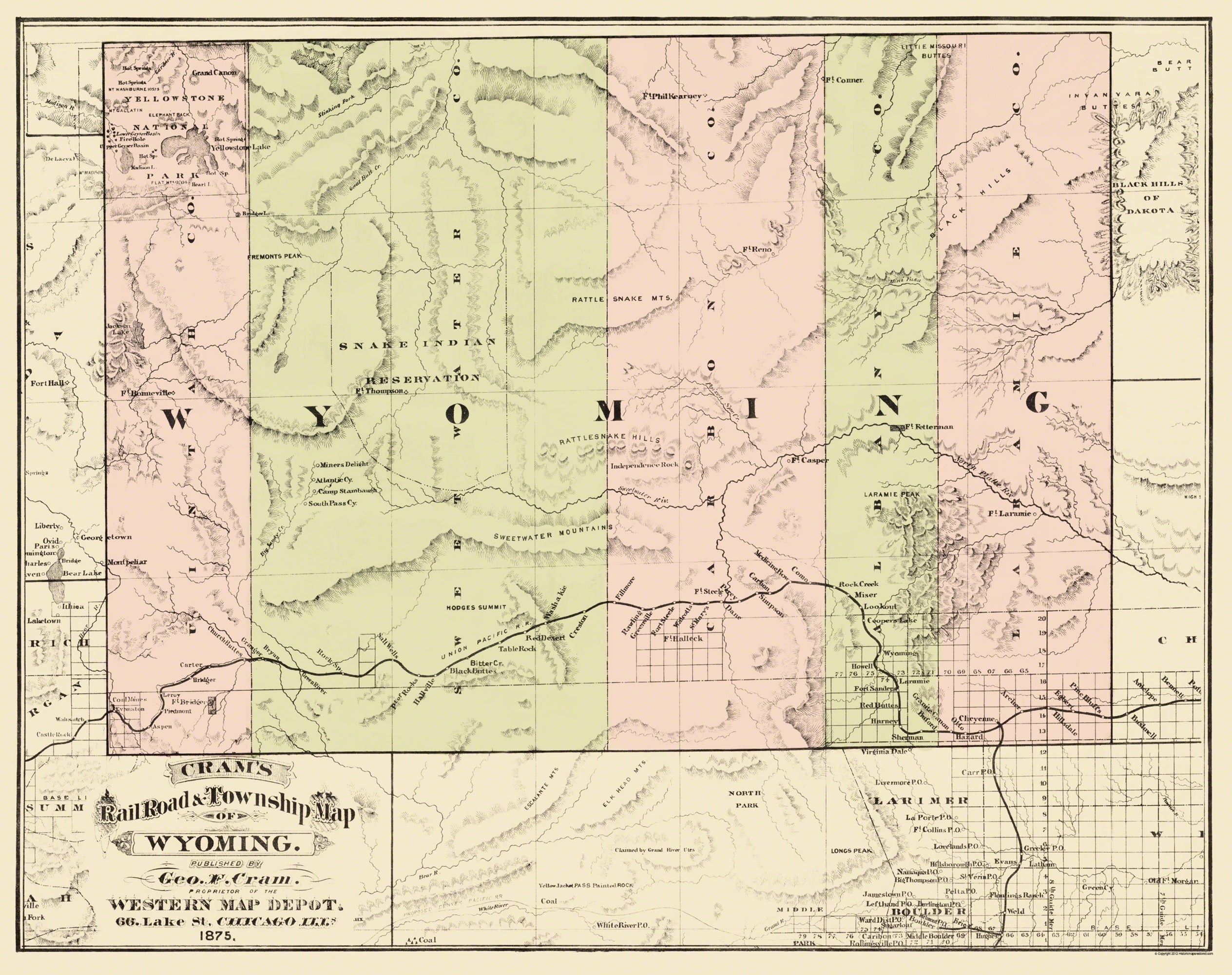 Railroad Map - Wyoming Railroads Townships - Cram 1875 - 29.06 x 23 ...