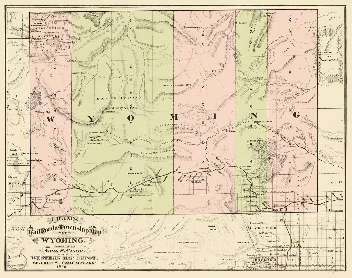 Railroad Map - Wyoming Railroads Townships - Cram 1875 - 29.06 x 23 - Vintage Wall Art