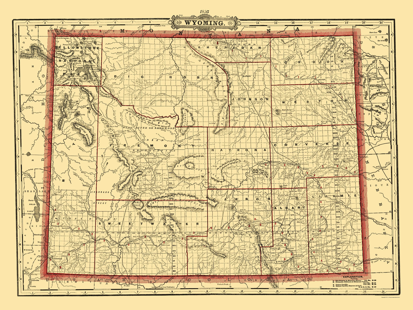 Historic State Map - Wyoming - Cram 1895 - 23 x 30 - Vintage Wall Art