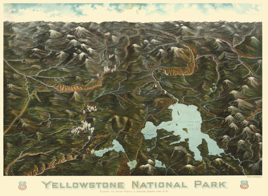 Historic Panoramic View - Yellowstone Park Union Pacific Wyoming - Union Pacific Railroad 1900 - 23 x 31 - Vintage Wall Art