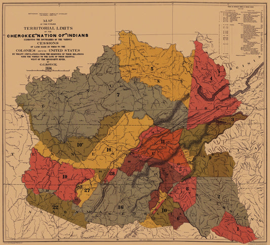 Historic State Map - Cherokee Nation of Indians Colonies Mississippi River 1884 - 23x25 - Vintage Wall Art