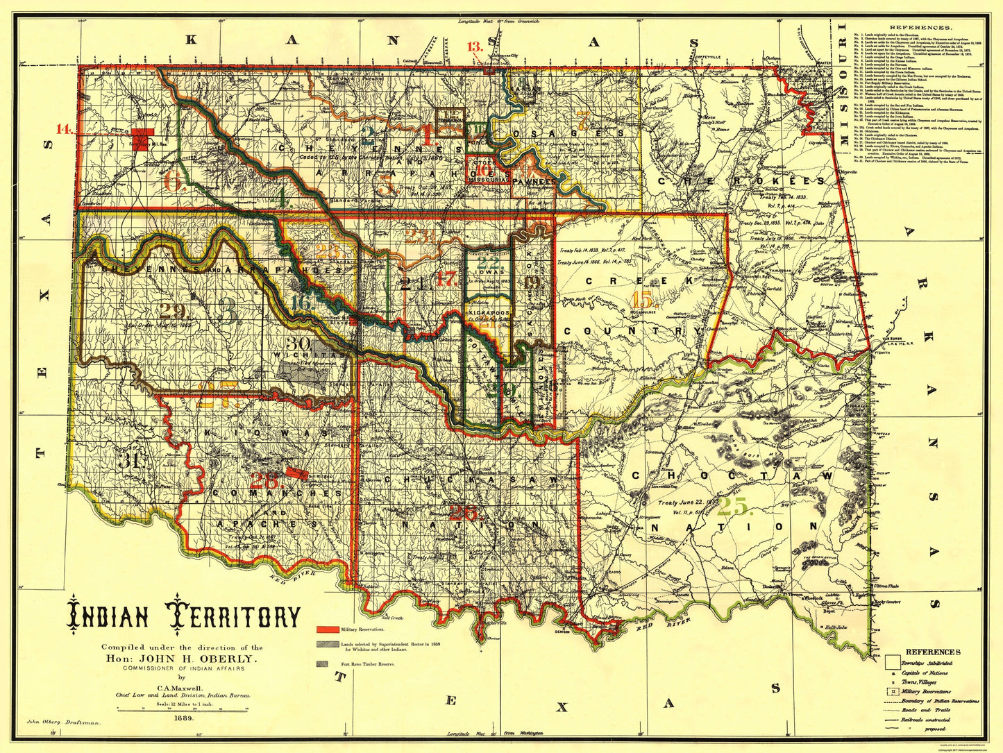 Historic State Map - Indian Territory Texas Oklahoma - Oberly 1889 - 30.63 x 23 - Vintage Wall Art