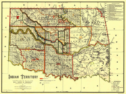 Historic State Map - Indian Territory Texas Oklahoma - Oberly 1889 - 30.63 x 23 - Vintage Wall Art