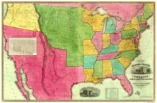 Historic State Map - United States Territories Districts - Barber 1835 - 35 x 23 - Vintage Wall Art