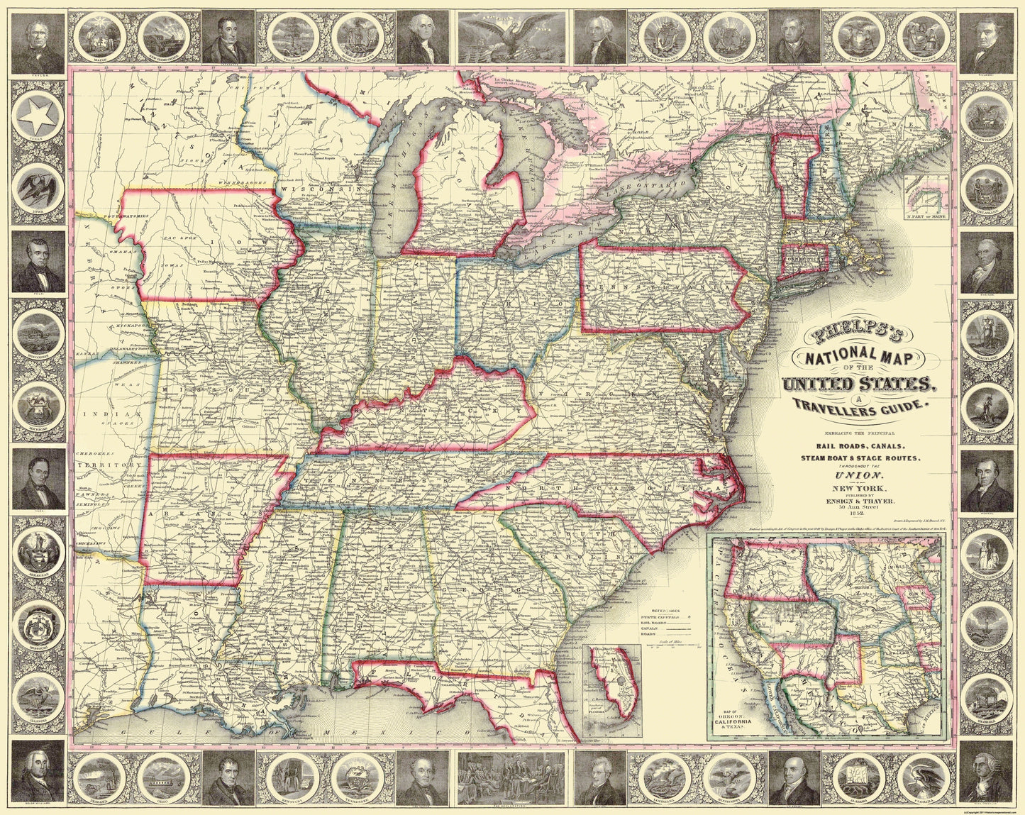 Historic State Map - United States Travellers Guide - Phelps 1852 - 28.94 x 23 - Vintage Wall Art